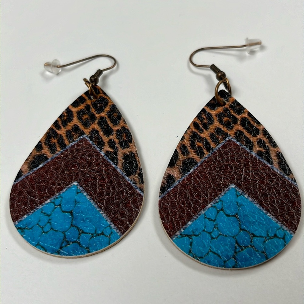 Earrings dangle cute statement western vegan leather teardrop leopard print